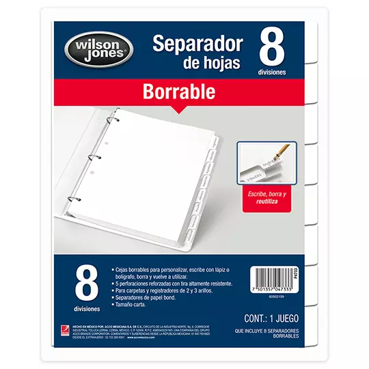 Separador borrable 8 divisiones ACCO tamaño carta