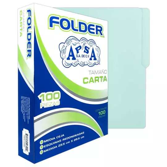 Folder verde APSA tamaño carta  , paquete con 100  piezas