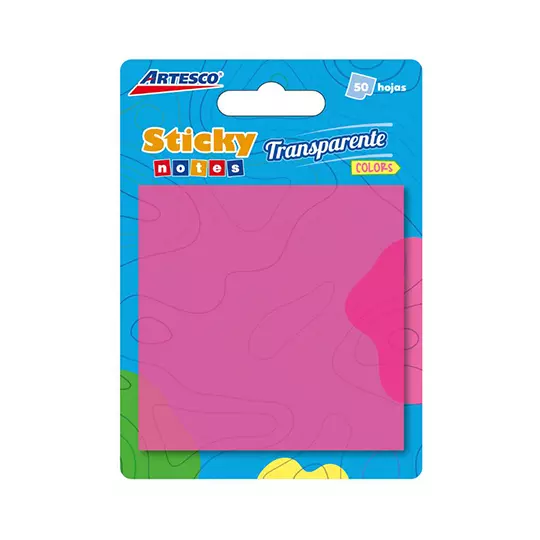Notas Adhesivas Artesco 3" x 3" color transparente fucsia paquete con 50 notas