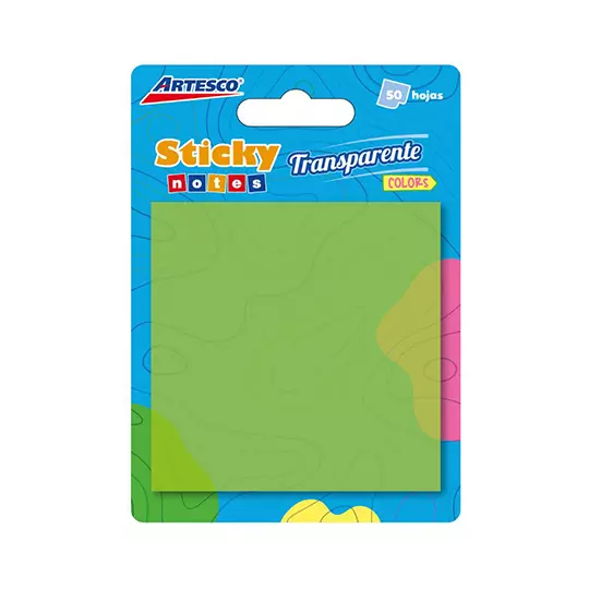 Notas Adhesivas Artesco 3" x 3" color transparente verde paquete con 50 notas