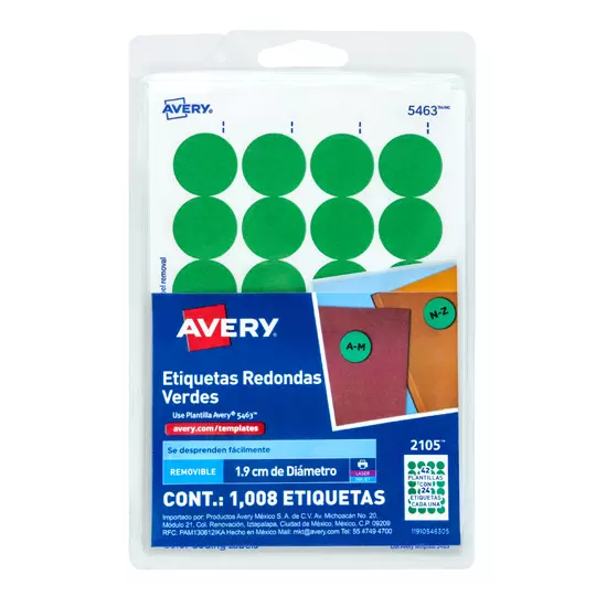 Etiqueta redonda removible verde AVERY con tecnología laser/inkjet