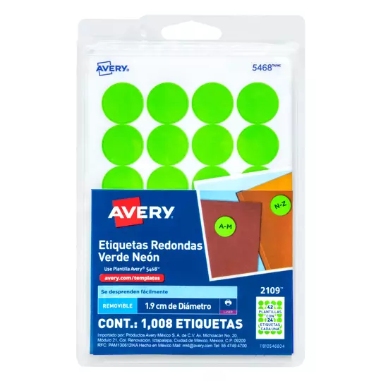 Etiqueta redonda removible verde neon AVERY con tecnología laser/inkjet