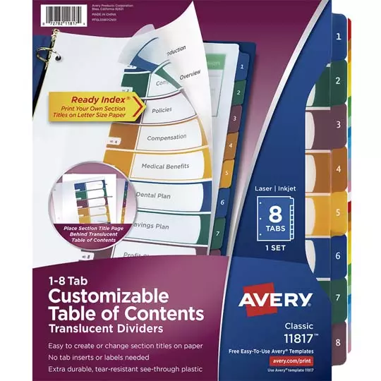 Separador plástico carta 8 divisiones AVERY translúcido  tecnología laser/inkjet