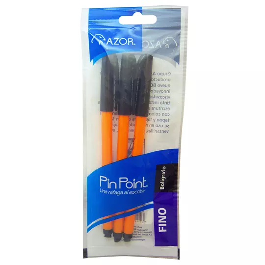 Bolígrafo fino Pin Point 0.7 mm color negro cuerpo amarillo empaque con 3 pzas