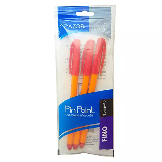 Bolígrafo fino Pin Point 0.7 mm color rojo cuerpo amarillo empaque con 3 pzas