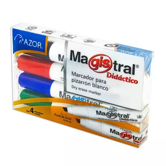 Marcador AZOR MAGISTRAL DIDÁCTICO 8354 Estuche. Paquete con 4 piezas. Negro - Azul, Rojo y Verde