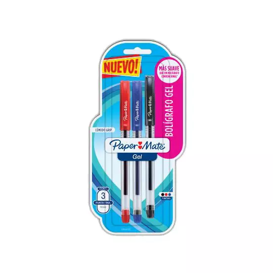 Boligrafo económico gel Paper Mate colores basico punto fino tarjeta 3 piezas