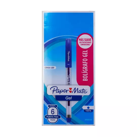Bolígrafo económico de gel Paper Mate azul punto fino caja con 6 piezas