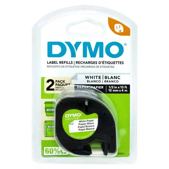 Cinta de papel DYMO Letra Tag negro sobre blanco 12 mm x 4 m blíster c/ 2 piezas