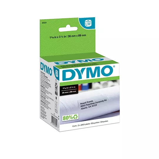Etiqueta DYMO Label Writer negro sobre blanco 2 rollos con 260 etiquetas, 36MM x 89 mm