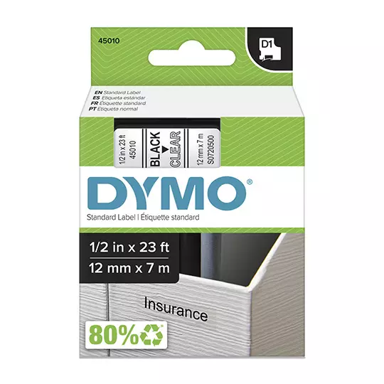 Cinta DYMO para rotulado negro con fondotransparente 12 mm x7 m 1 pieza