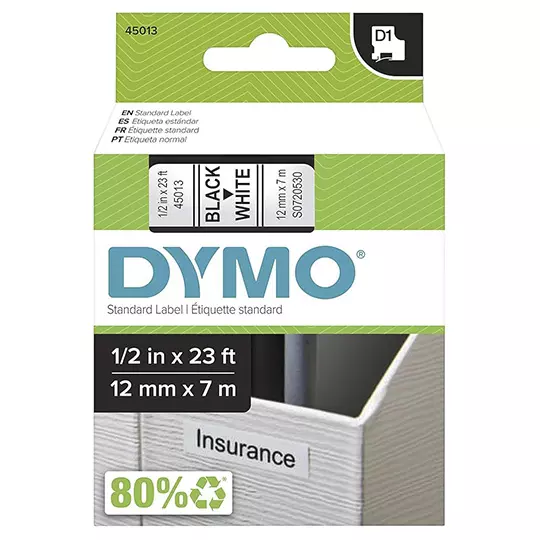 Cinta de plastico DYMO Labelmanager negro sobre blanco de 12mm x 7 m pieza