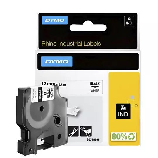 Cinta Rhino de vinilo 12mm negro sobre blanco 12 mm x 5.5 m 1 pieza