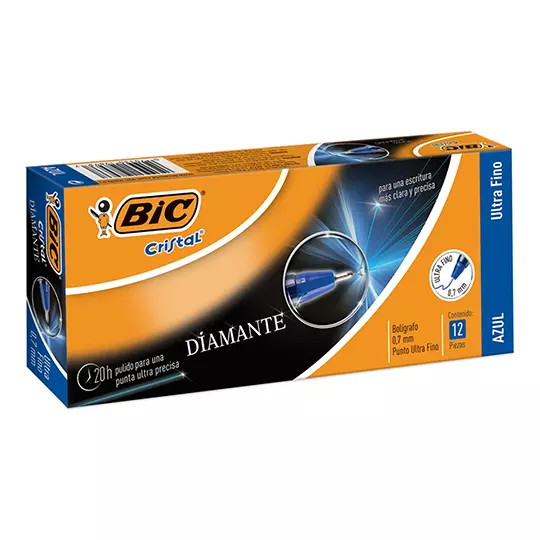 Bolígrafo BIC cristal diamante azul punto ultra fino 0.7mm caja con 12 piezas