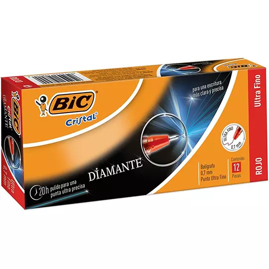 Bolígrafo BIC cristal diamante rojo punto ultra fino 0.7mm caja con 12 piezas