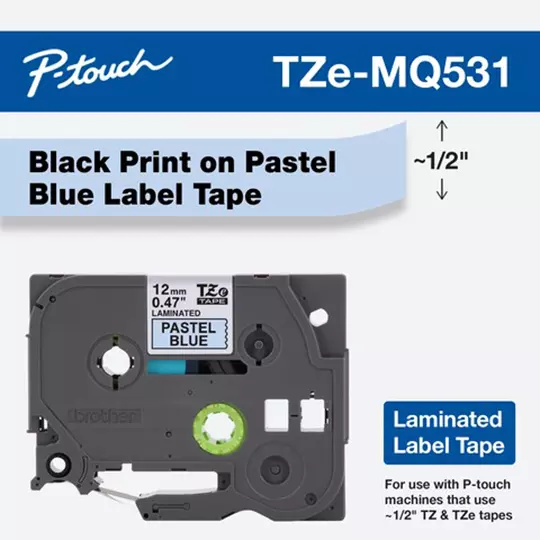 Cinta Laminada Brother Estandar Texto negro sobre azul pastel de 12mmx4m