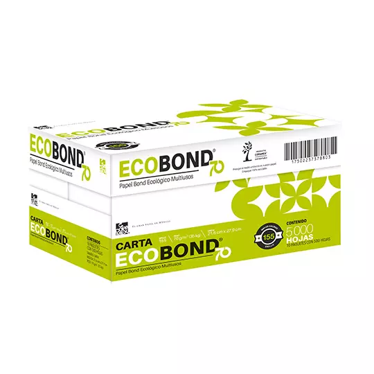 Caja de papel bond Ecológico Ecobond 70 tamaño carta 95% de blancura 70gr.