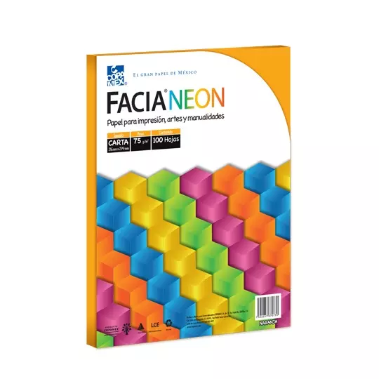 Paquete de hojas de color Facia Neon tamaño carta color naranja 75gr 100 hojas