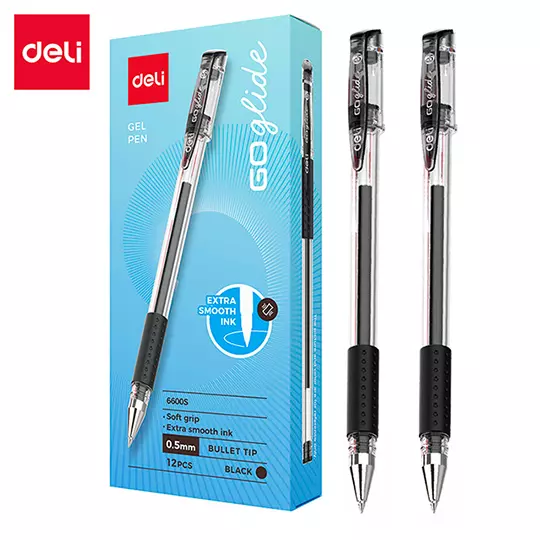 Boligrafo de gel Deli negro punto fino 0.5 mm, caja con 12 pz