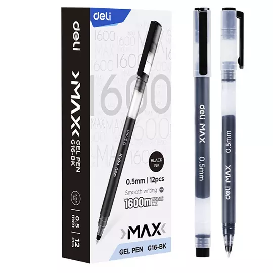 Boligrafo de gel Deli negro punto fino 0.5 mm, caja con 12 pz