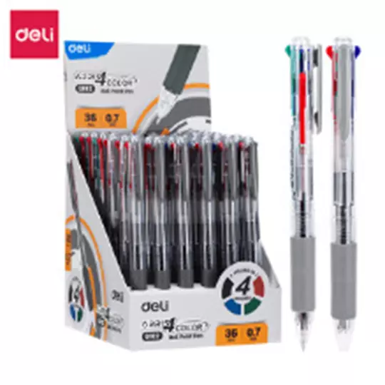 Boligrafo Deli 4 en 1, colores basicos punto 1.0 mm caja con 36 pz