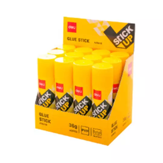 Lápiz adhesivo en barra Deli, color blanco de 36 g, caja con 12 pz.
