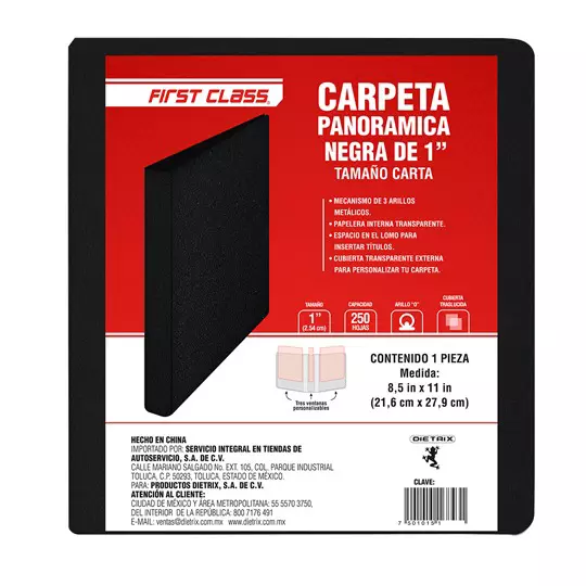 Carpeta vinil carta first class con ventana 1 pulgada arillo tipo "o" negro