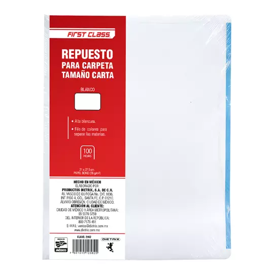 Repuesto para carpeta Dietrix carta, blancas 100 hojas con filo de colores