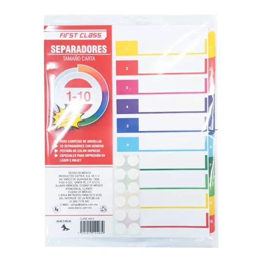 Separadores Dietrix tamaño carta del 1 al 10 pestañas de color impreso el numero