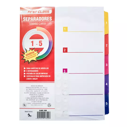Separadores Dietrix tamaño carta del 1 al 5 pestañas de color impreso el numero