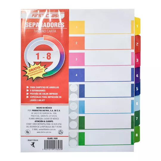 Separadores Dietrix tamaño carta del 1 al 8 pestañas de color impreso con el