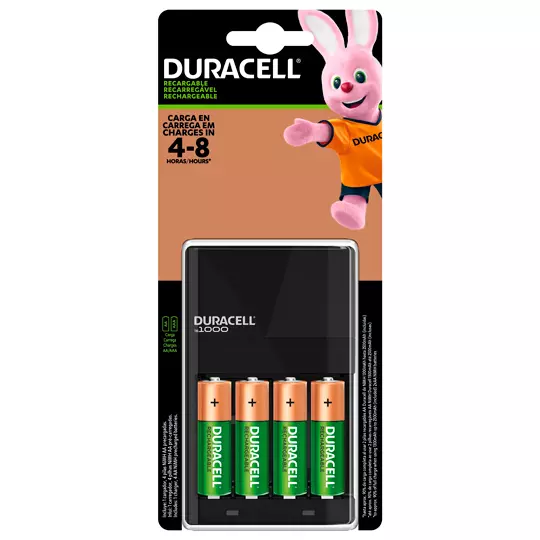 Cargador Duracell con 4 pilas AA.
