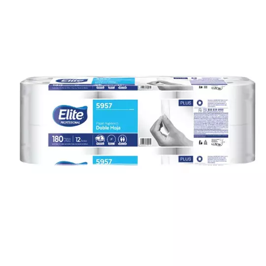 Papel Higiénico blanco Elite, caja con 12 rollos de 180 mts de largo