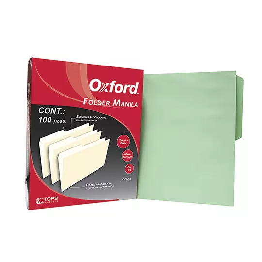 Folder manila Oxford carta color verde ceja 1/2 caja con 100 pzas