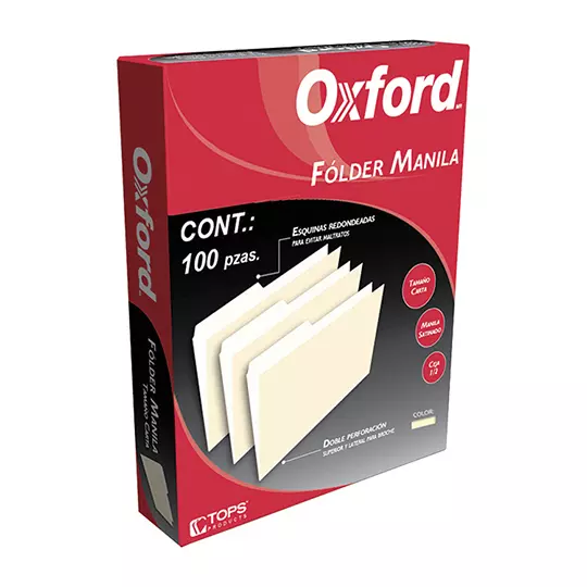 Folder manila Oxford carta color amarillo ceja 1/2 caja con 100 pzas