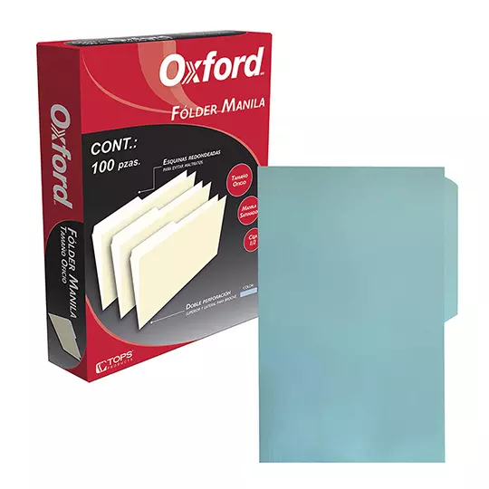 Folder manila Oxford oficio color azul ceja 1/2 caja con 100 pzas