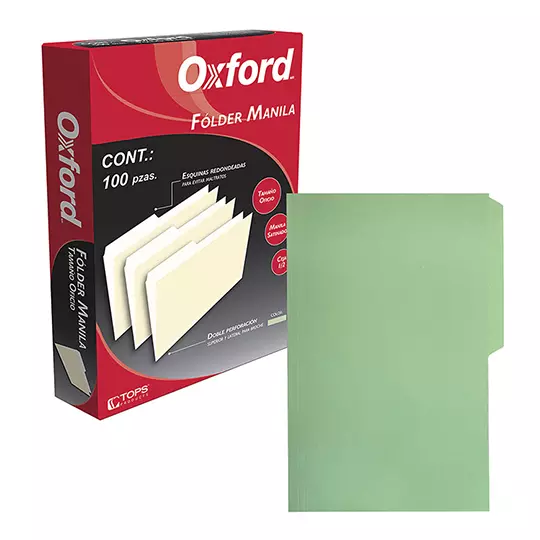 Folder manila Oxford oficio color verde ceja 1/2 caja con 100 pzas