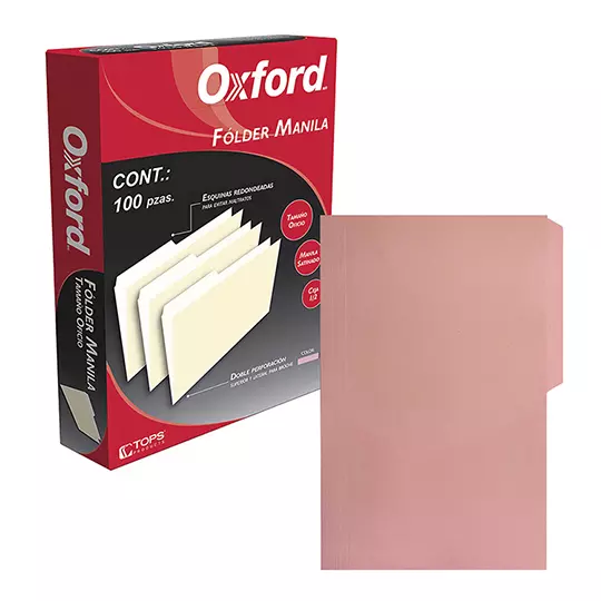 Folder manila Oxford oficio color rosa ceja 1/2 caja con 100 pzas