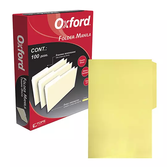 Folder manila Oxford oficio color amarillo ceja 1/2 caja con 100 pzas