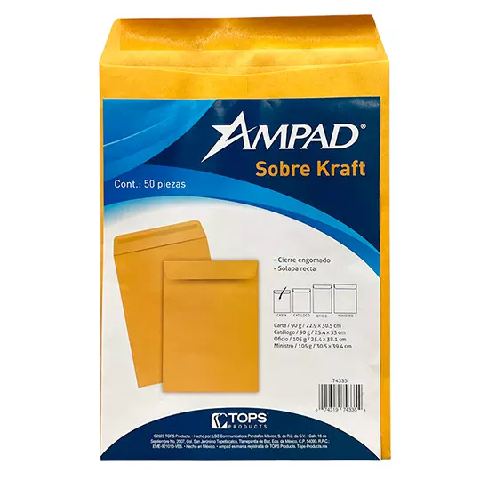 Sobre kraft engomado Ampad carta empaquecon 50 pzas