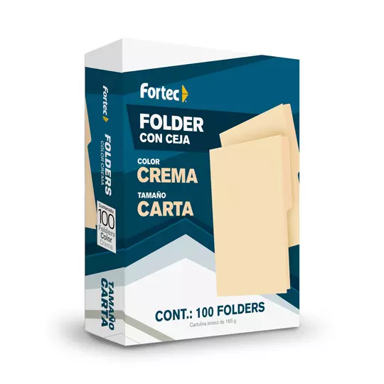 Folder manila económico Fortec carta color crema ceja 1/2 caja con 100 pzas