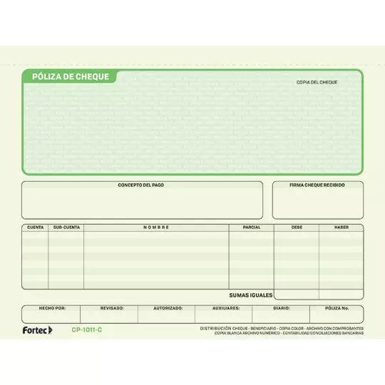 Póliza de cheque con carbón Fortec 1/2 oficio block con 25 juegos