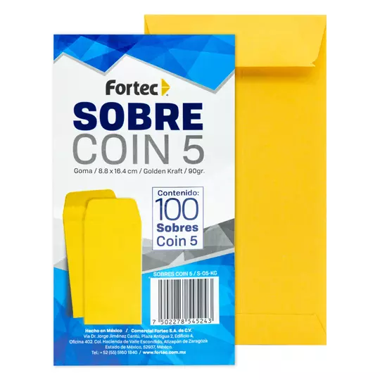 Sobre coin No. 5 Fortec Kraft engomado caja con 100 piezas