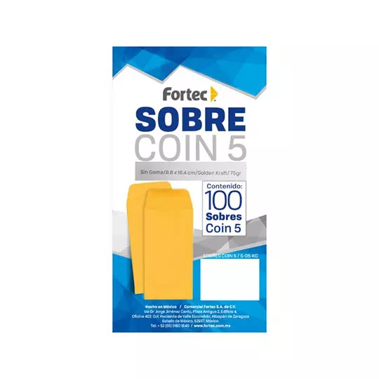 Sobre coin No. 5 Fortec Kraft económico sin goma caja con 100 piezas