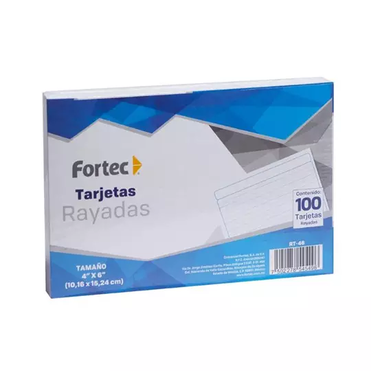 Tarjeta índice Fortec rayada 10.16 x 15.24 cm paquete con 100 pzas