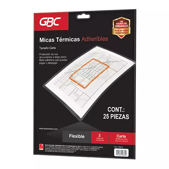 Mica adherible GBC tamaño carta 3 mil  tamaño carta espesor de 3 milésimas