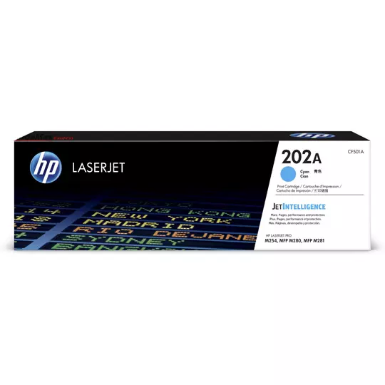 Cartucho de tóner cian HP 202a.