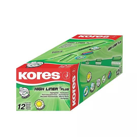 Resaltador High liner plus Kores, caja 12 pz verde.