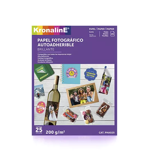 Papel fotografico autoadherible Kronaline, tamaño carta paquete con 25 hojas