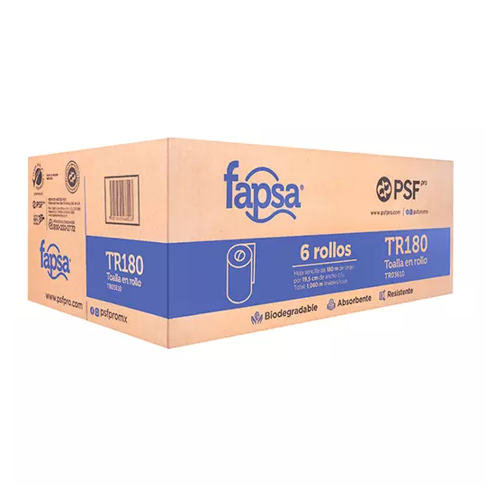 Toalla Fapsa en rollo blanca de 180 m, caja c/ 6 bobinas